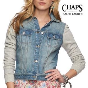 NWT $100 CHAPS by Ralph Lauren Women M Denim Jean & Jersey Knit Sleeve Jacket